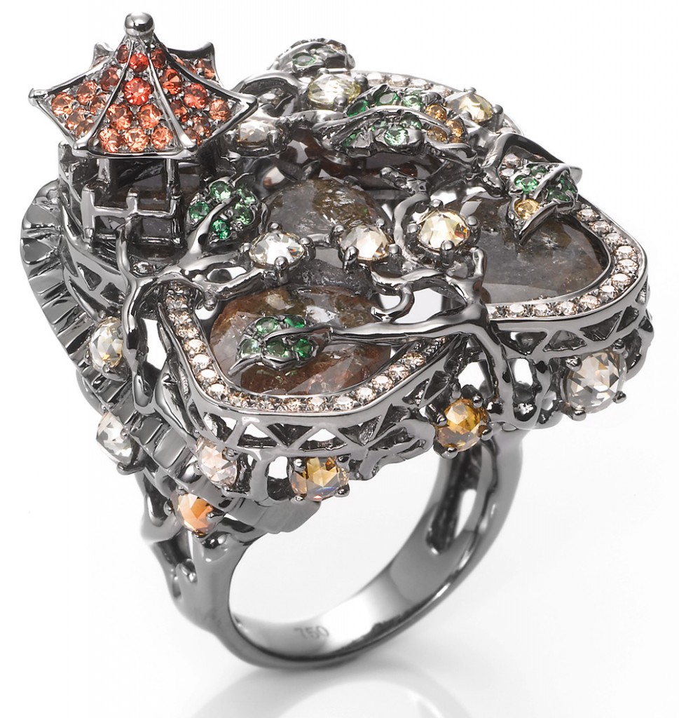18K White Gold Ring With Brown Diamonds, Fancy Diamonds, Orange Sapphires and Green Garnet