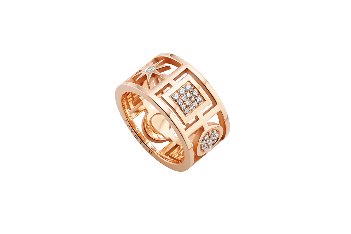 Bulgari 'Condotti10'ring with 18k rose gold, pavé dimaonds, and mother of pearl inserts