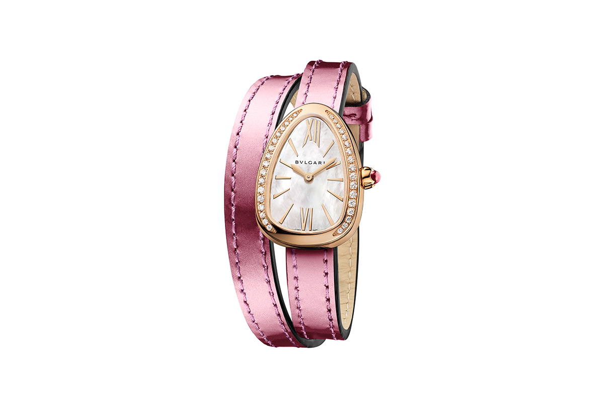 Bulgari Serpenti special edition 'Twist Your Time' watch with metallic pink calf leather strap, featuring rose gold and pavé diamond bezel, and mother of pearl face. Exclusive to the New Curiosity Shop