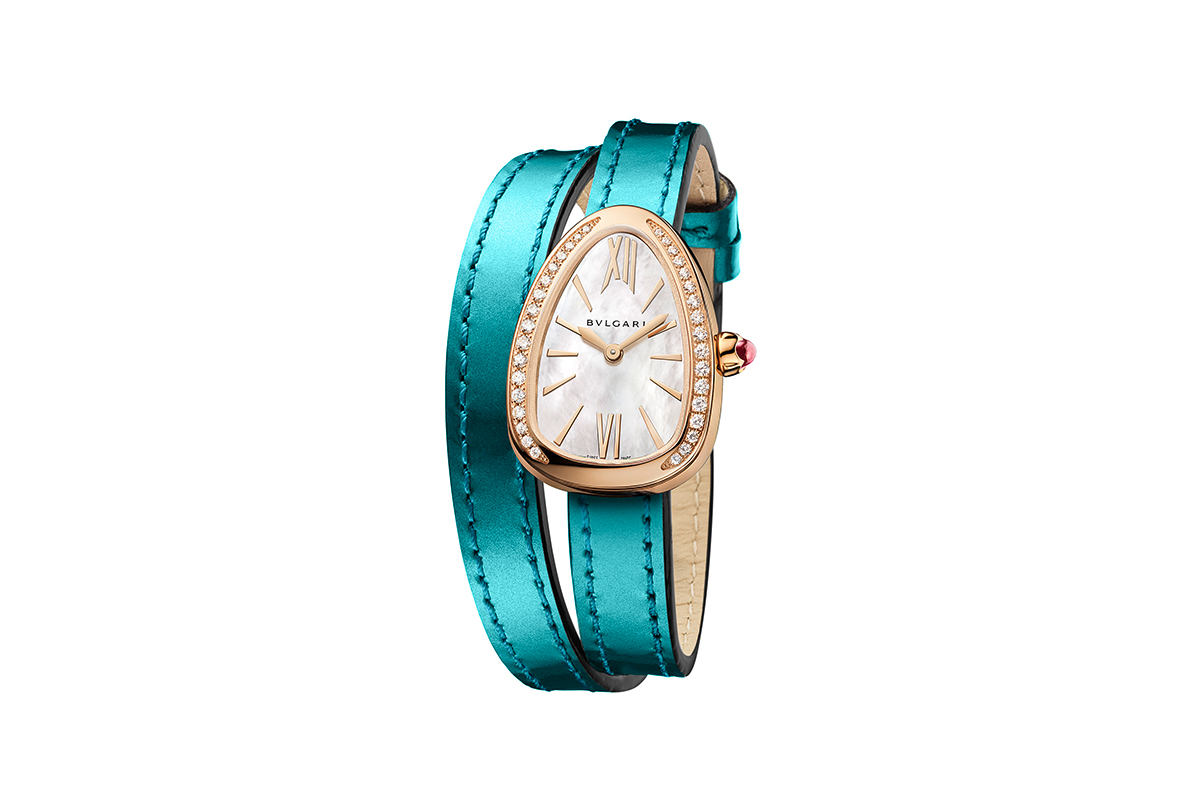 Bulgari Serpenti special edition 'Twist Your Time' watch with metallic blue calf leather strap, featuring rose gold and pavé diamond bezel, and mother of pearl face. Exclusive to the New Curiosity Shop