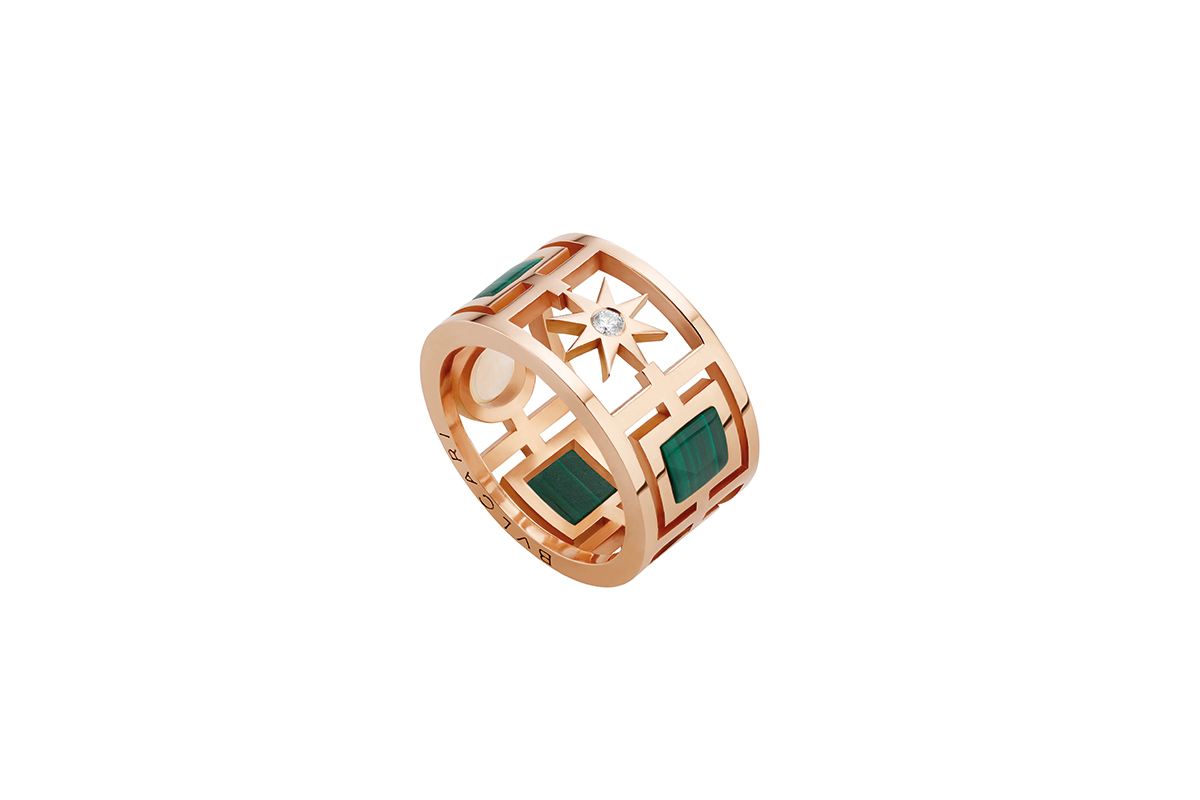 Bulgari 'Condotti10'ring with 18k rose gold, pavé dimaonds, mother of pearl and malachite inserts