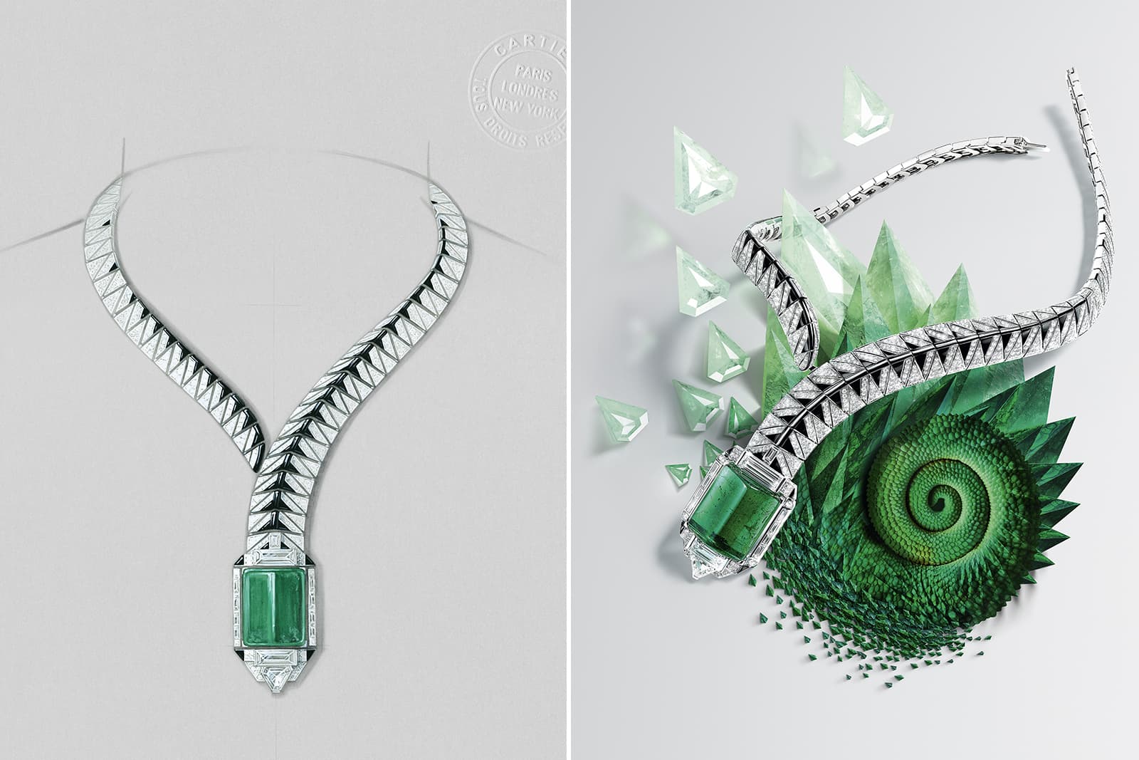 An intense green 53.94 carat rectangular cabochon emerald from Zambia contrasts dramatically with the black onyx  "scales"