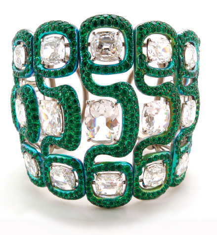 G London titanium cuff with 27 Cushion shape Old-cut diamonds with the total weight of 29.53cts and 1,151 brillant-cut emeralds with the total weight of 17.57cts