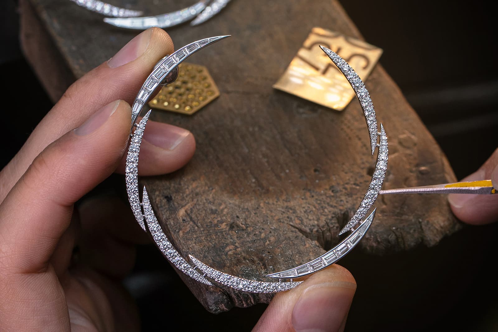 Kate Moss x Messika hoop earrings set with round and invisibly set baguette cut diamonds