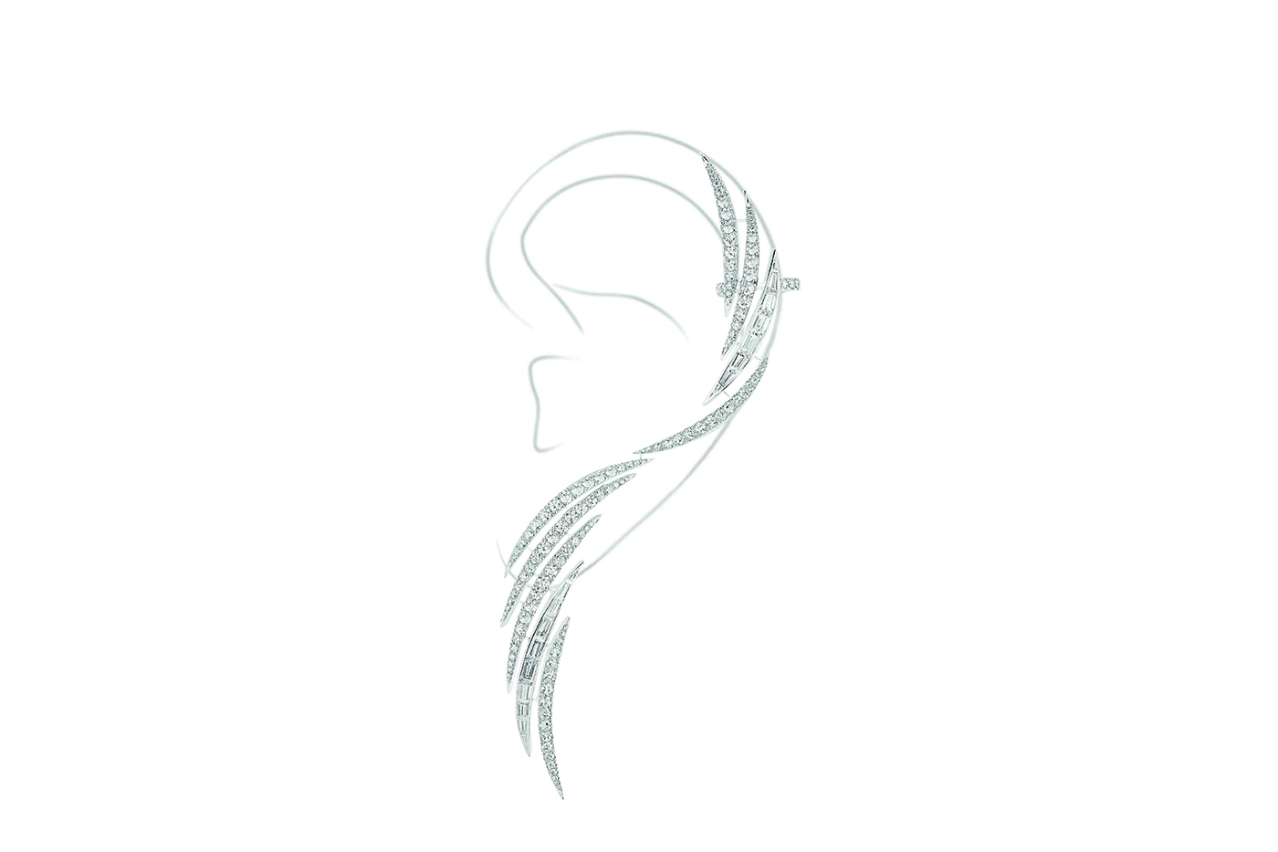 The diamond ear cuff swoops around the ear