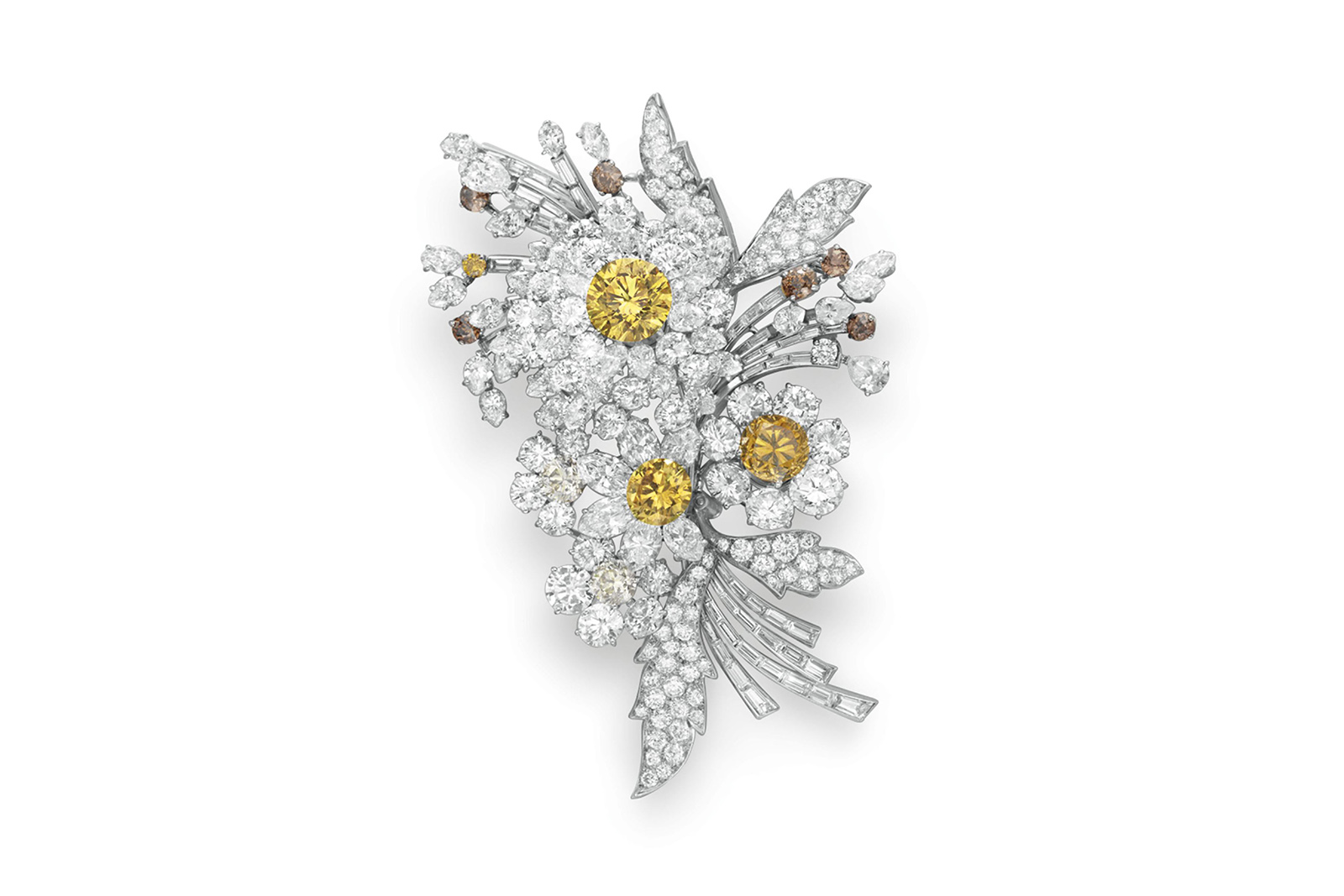 Presented Elizabeth Taylor on her 30th birthday by Eddie Fisher, this Bulgari "en tremblant" brooch (1959) features three diamond flower blossoms set with a 3.38-carat vivid fancy yellow diamond