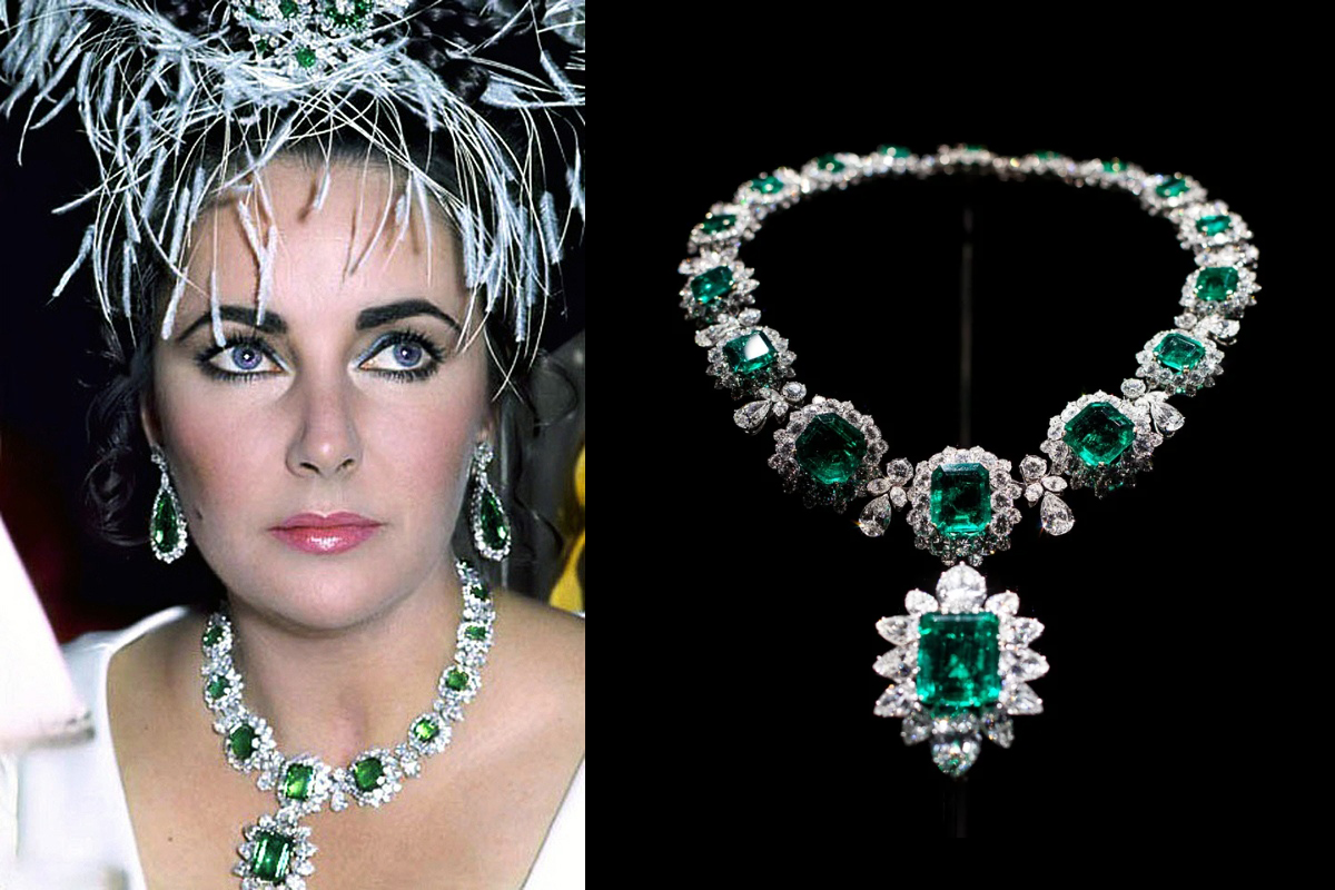 Elizabeth Taylor wears a Bulgari emerald necklace with detachable emerald pendant, which was gifted to her by Richard Burton