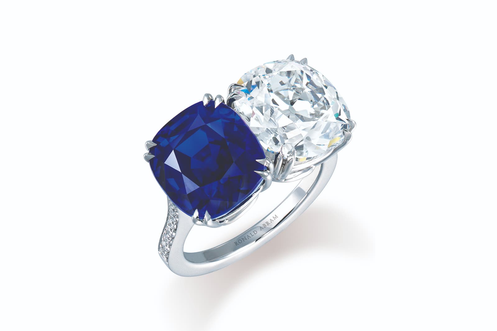 A "Toi et Moi" ring with a 7.82 carat Kashmir sapphire and a 5.63 carat cushion cut diamond by Ronald Abram