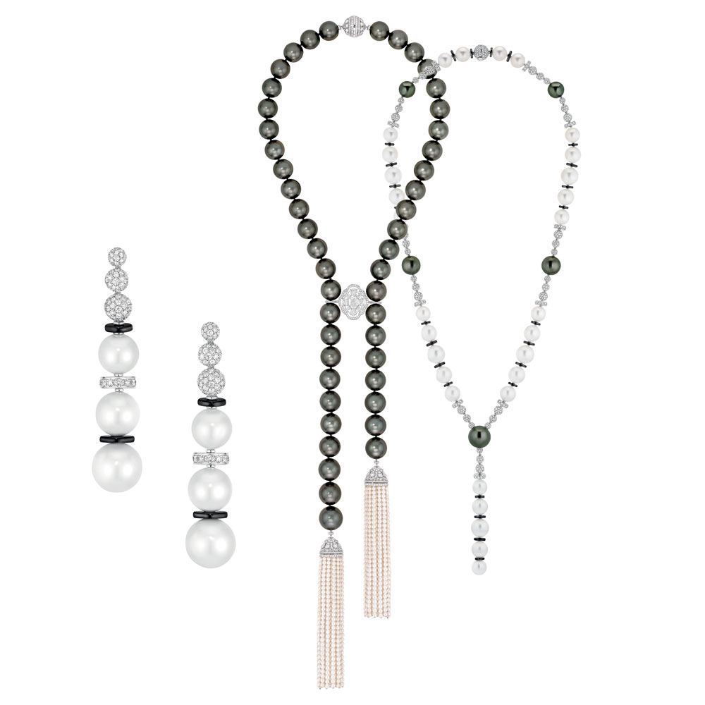Aubazine earrings and necklace set and a Perles de Nuit necklace with 47 Tahitian cultured pearls