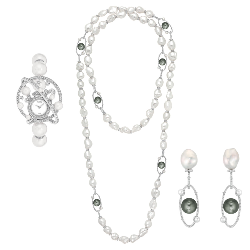 Celeste sautoir, earrings and a watch with cultured pearls and diamonds set in white gold