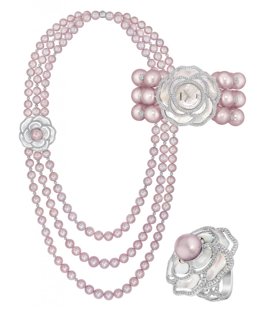 Chanel Camelia Nacre set with carved mother of pearl
