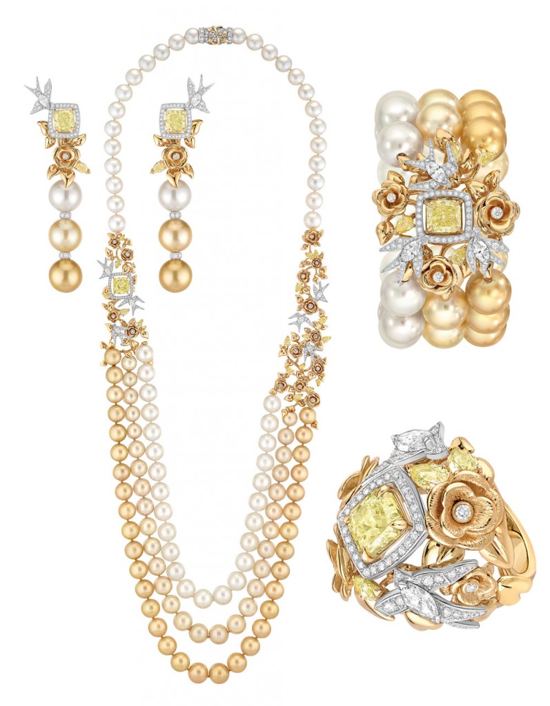 Envolee Solaire set with south sea cultured pearls, yellow and white diamonds