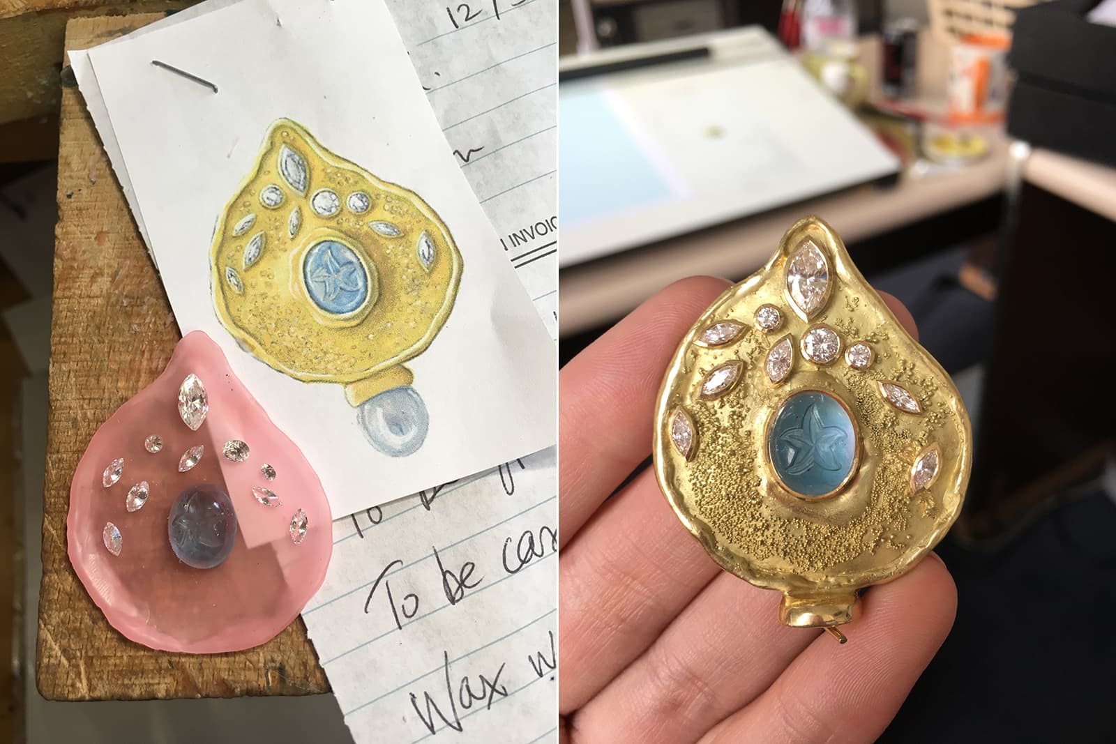  Designing the Shiraz pink with an aquamarine intaglio and diamonds by Elizabeth Gage