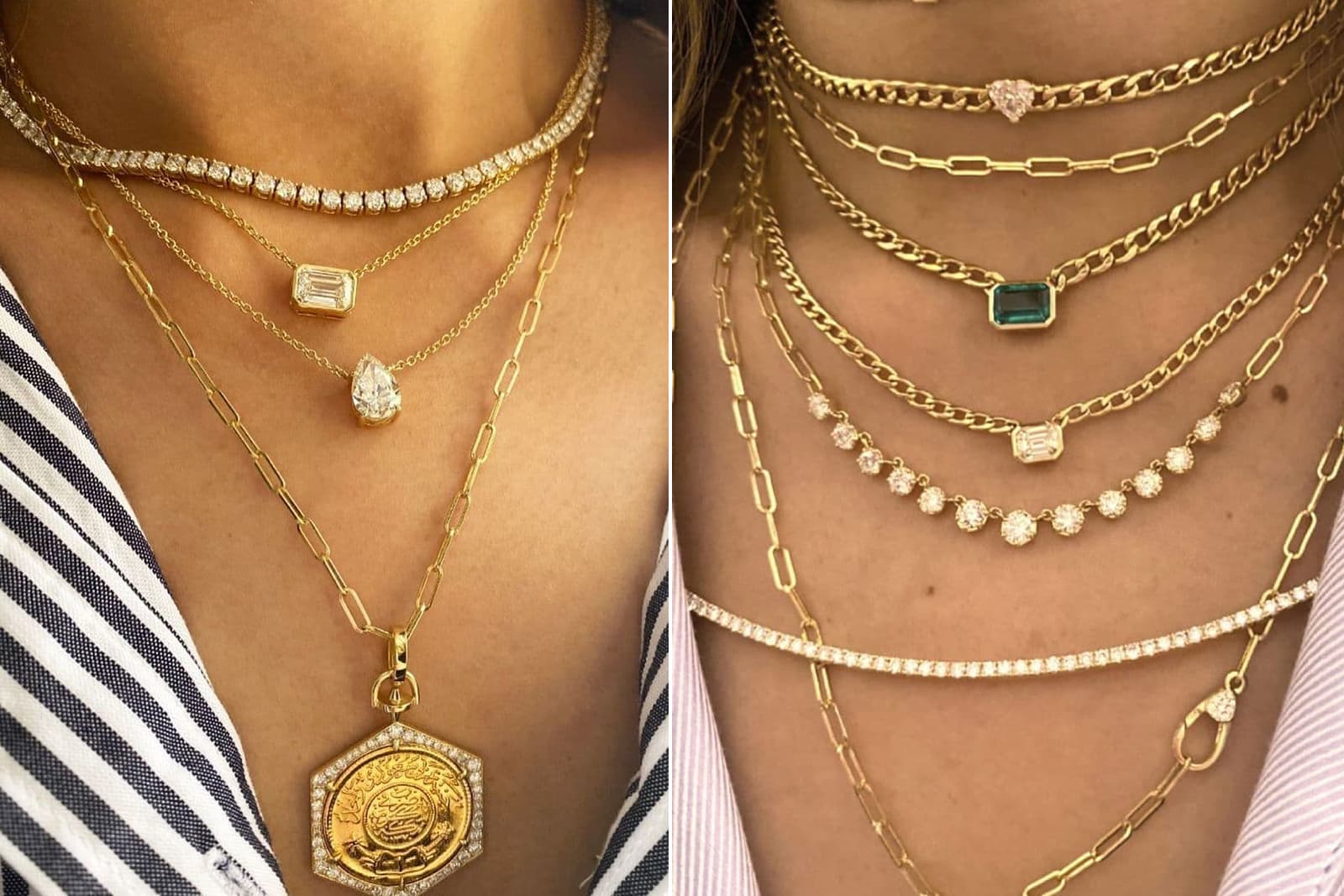 Examples of the 'neck mess' aesthetic at Yataghan Jewellery, including yellow gold, diamonds and emeralds