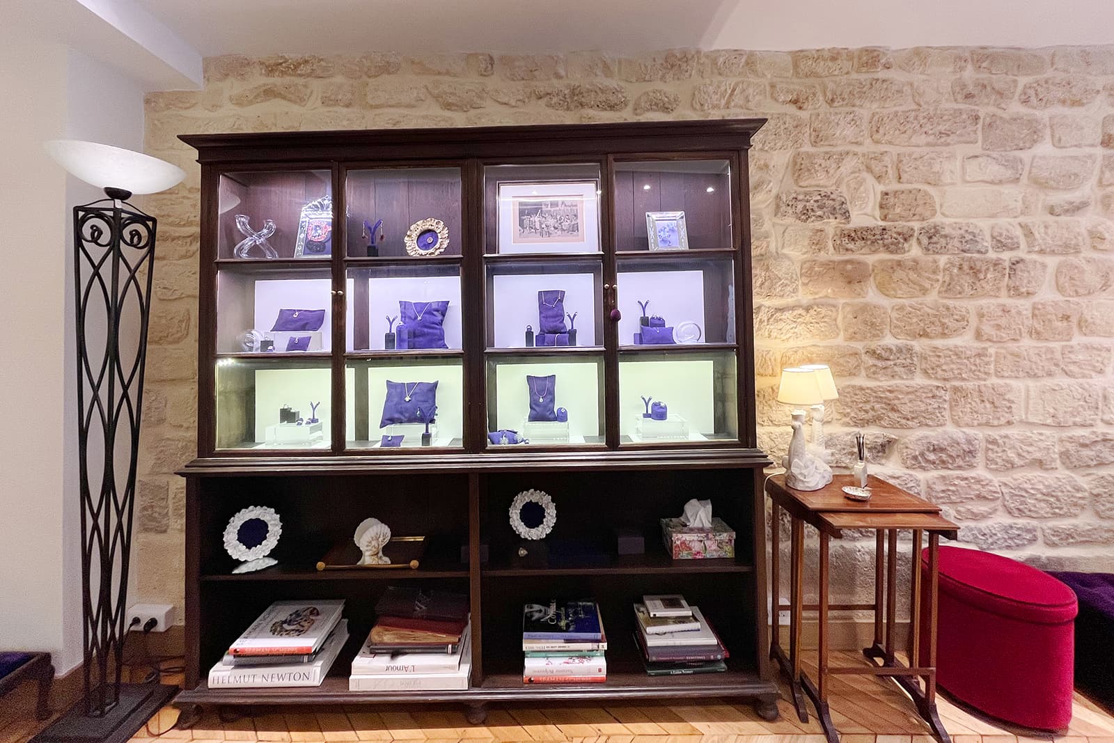 Cabinets filled with fine jewellery at the Isabelle Langlois boutique in Paris