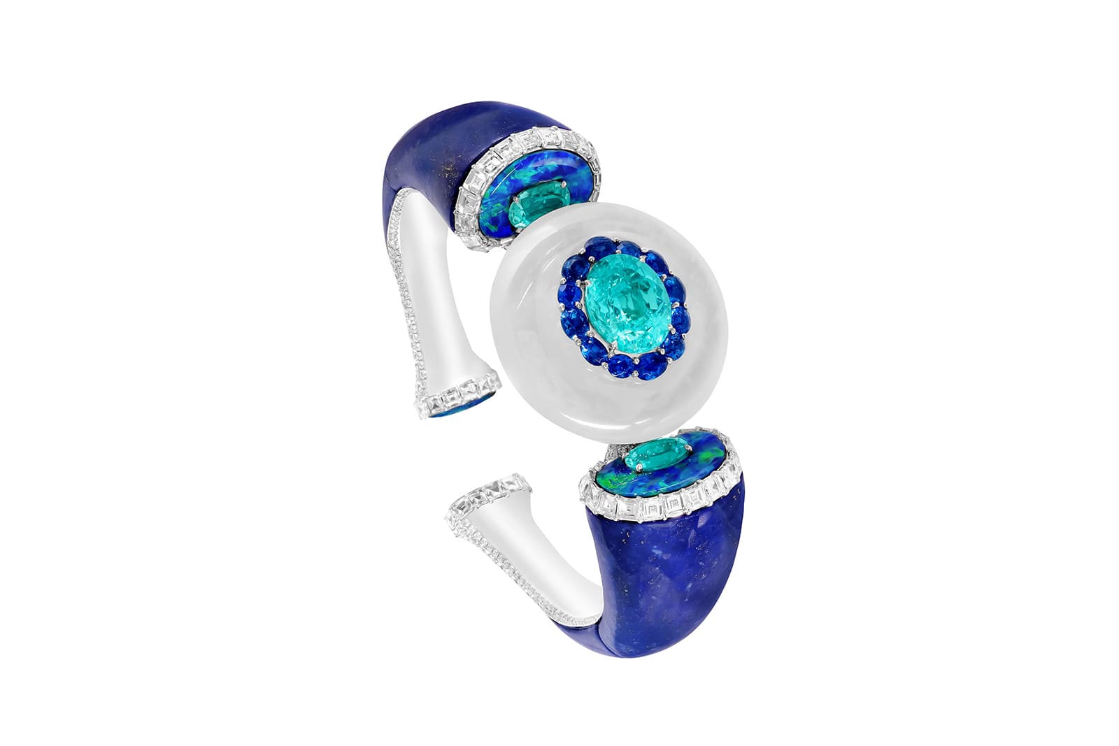 Boghossian 'Kissing' bangle in paraiba, white jadeite, lapis lazuli and opal