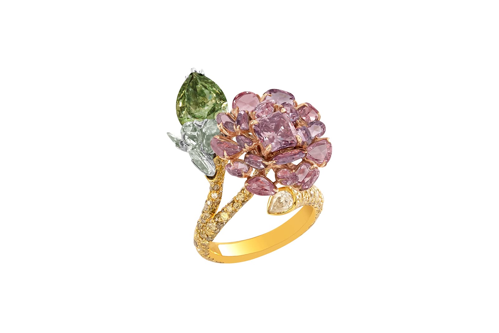 Boghossian ring in fancy deep yellowish green and fancy brownish purple pink diamonds 