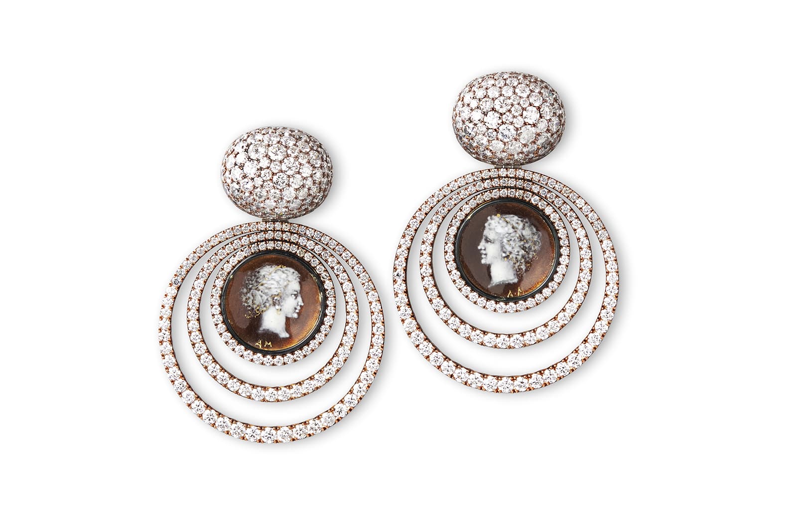 Hemmerle earrings in enamel medallions, diamonds, copper and white gold