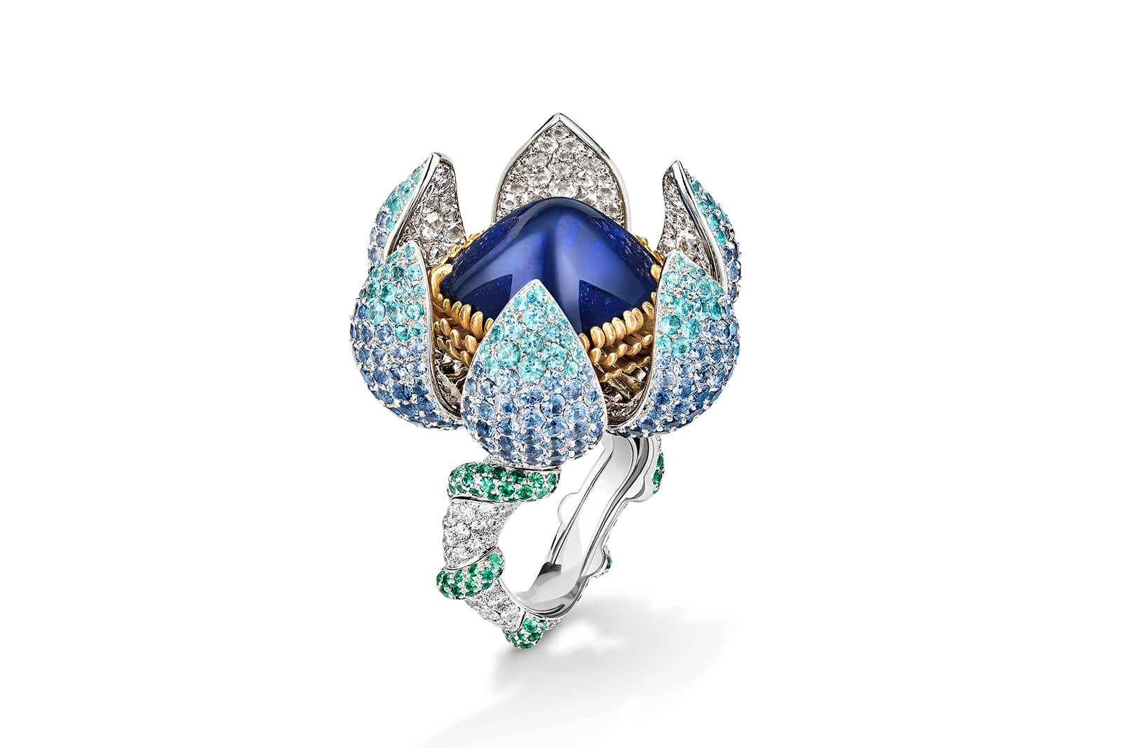 Anna Hu Lotus Ring trio II in gold, sapphire and a mix of precious gemstones