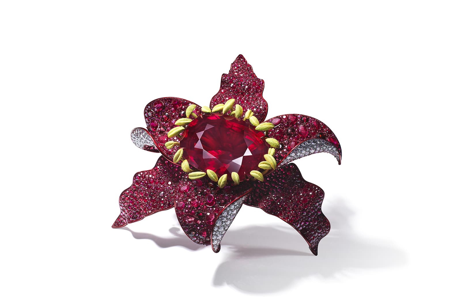 Anna Hu Enchanted Lilly Brooch in rubellites, diamonds, titanium and yellow lacquer