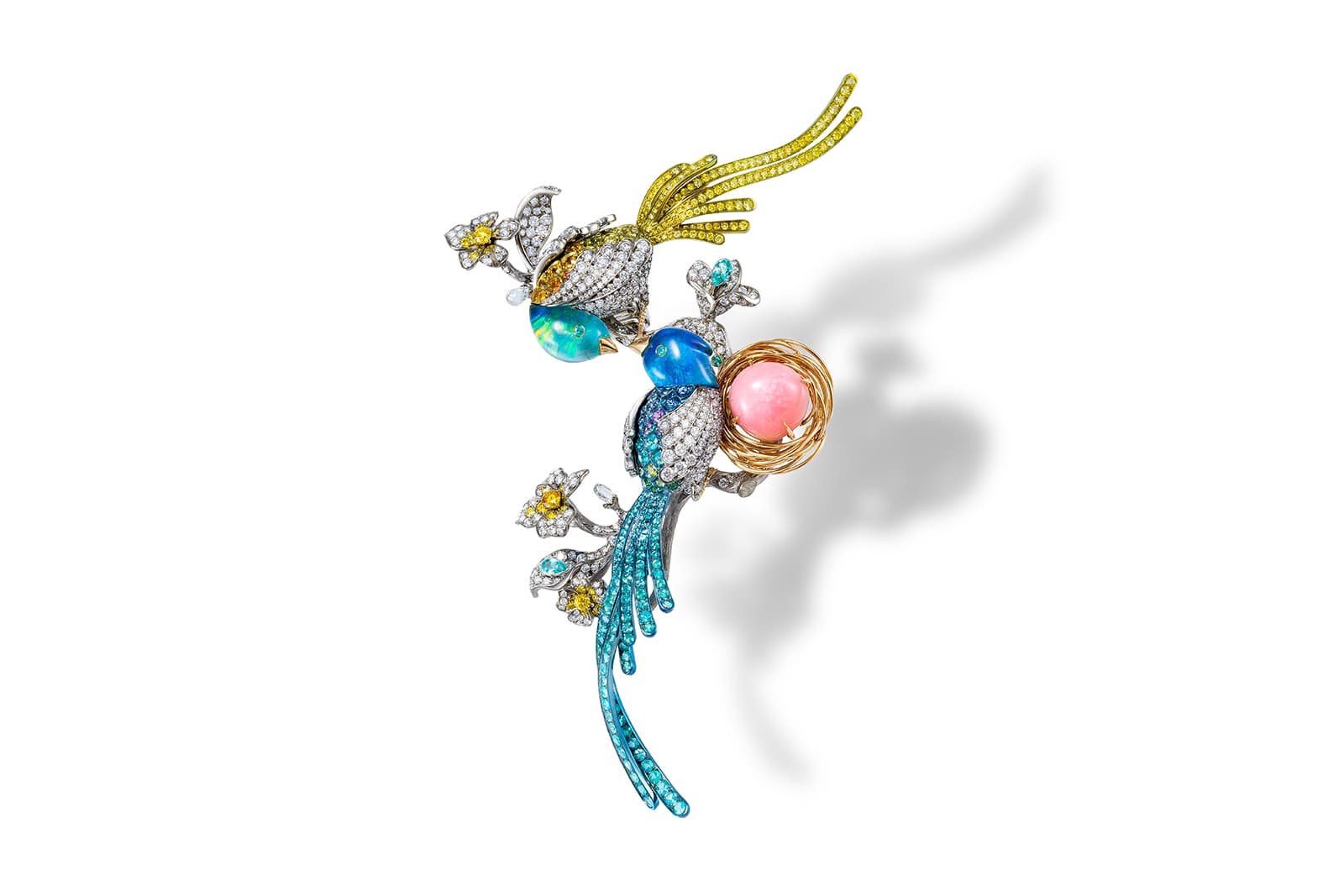 Anna HU Formosa Magpie brooch in more than 500 gemstones, conch pearl and titanium
