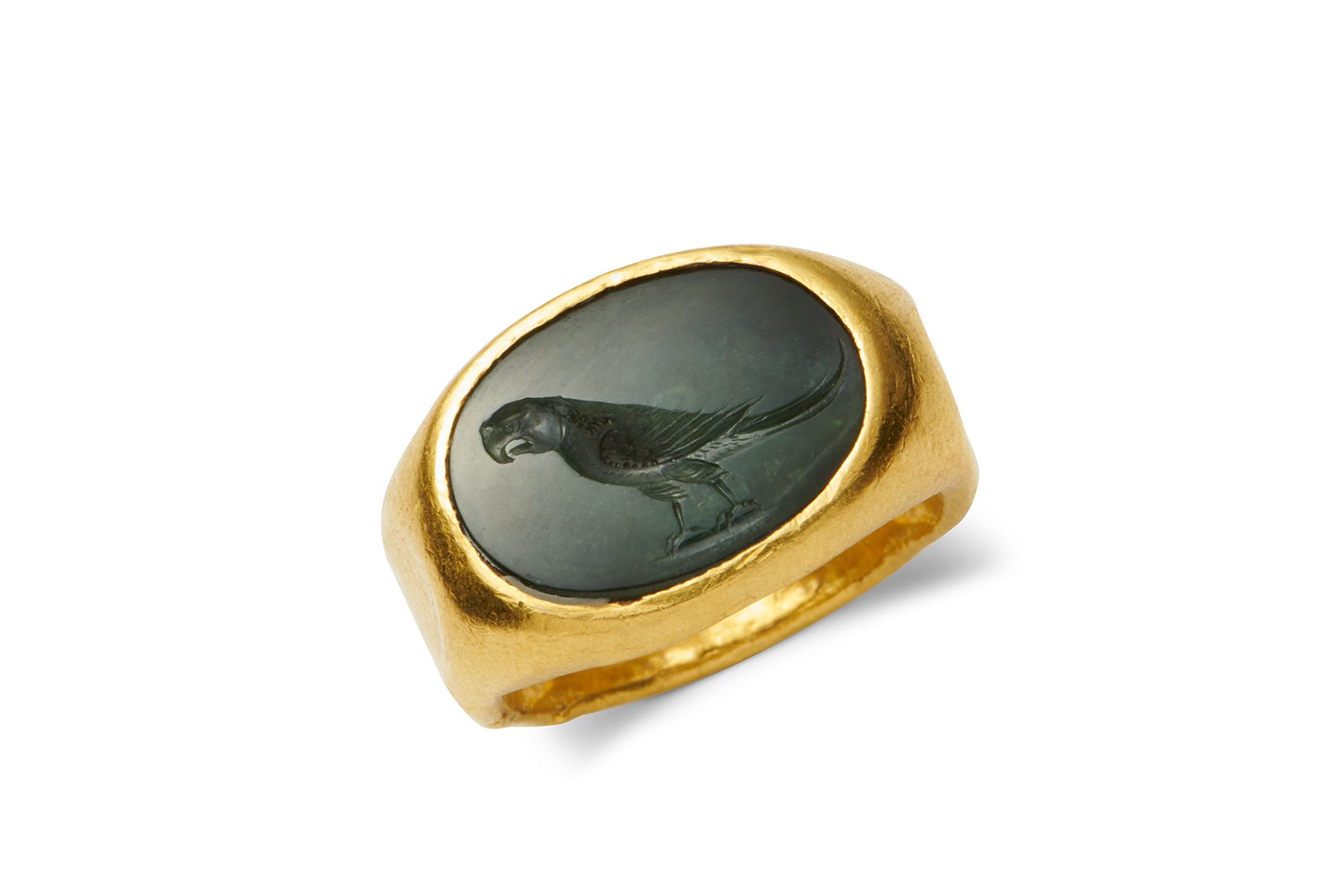 Symbolic & Chase exceptional Roman green chalcedony intaglio and yellow gold ring depicting a parrot 