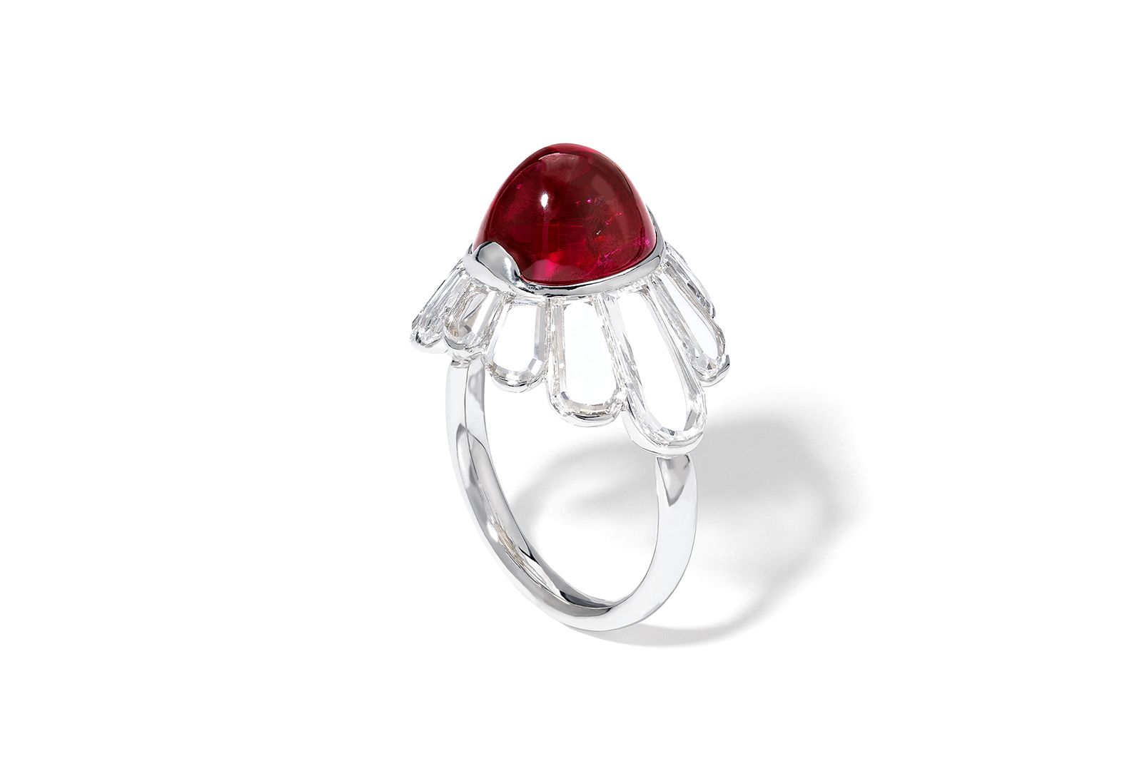 Symbolic & Chase Theodoros ring featuring a cabochon ruby and portrait-cut diamonds