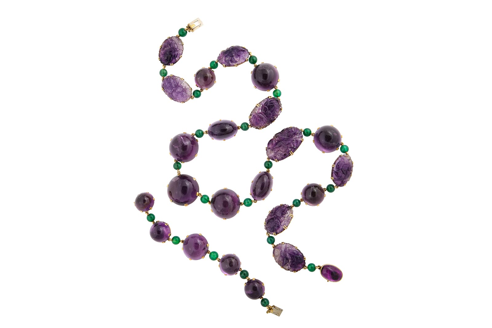 A La Vieille Russie bracelet and necklace in amethysts and emeralds
