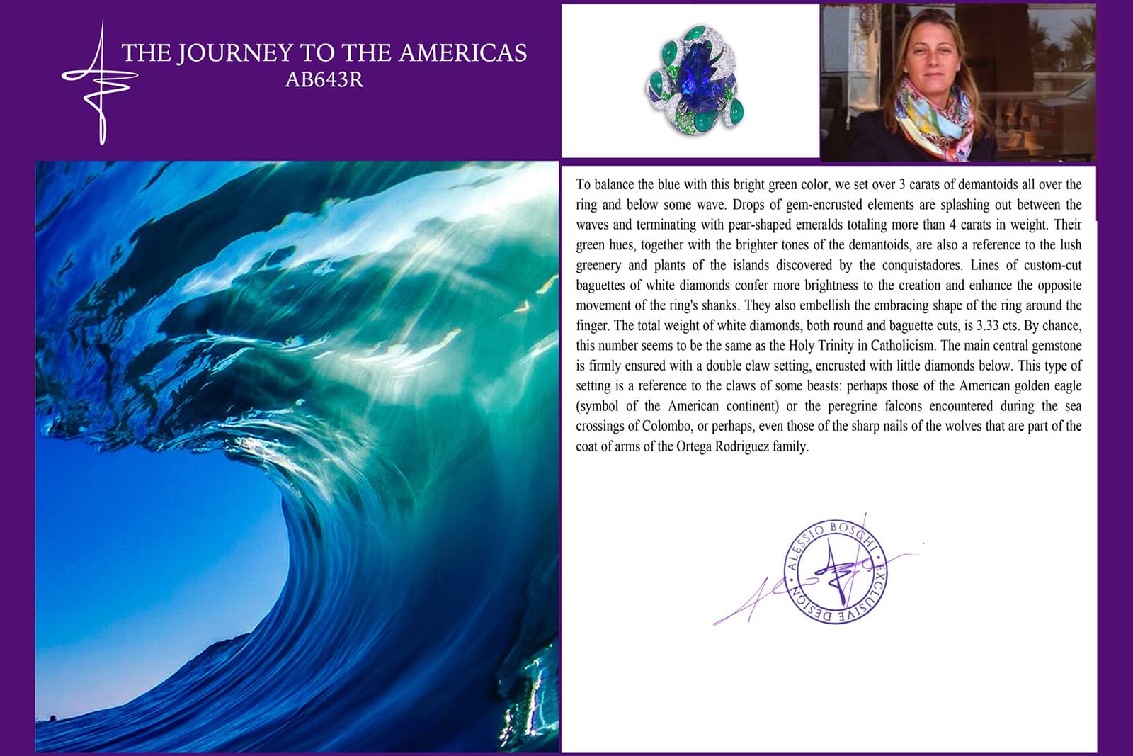 Green gems used to balance out the blue of the impressive tanzanite in Journey to the Americas ring by Alessio Boschi