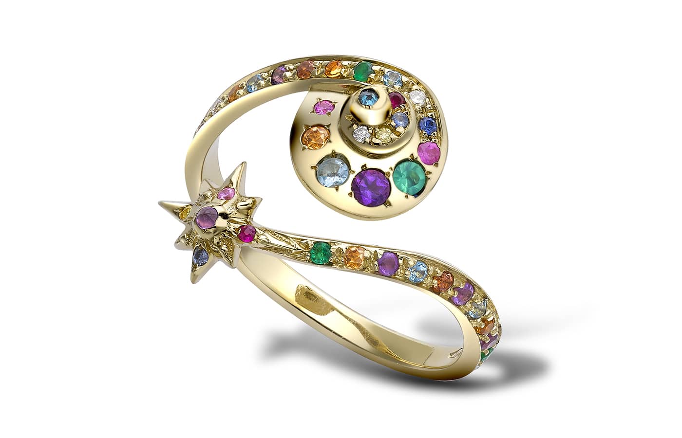 Venyx World gold, coloured stones and diamonds Moonshell and Star Ring