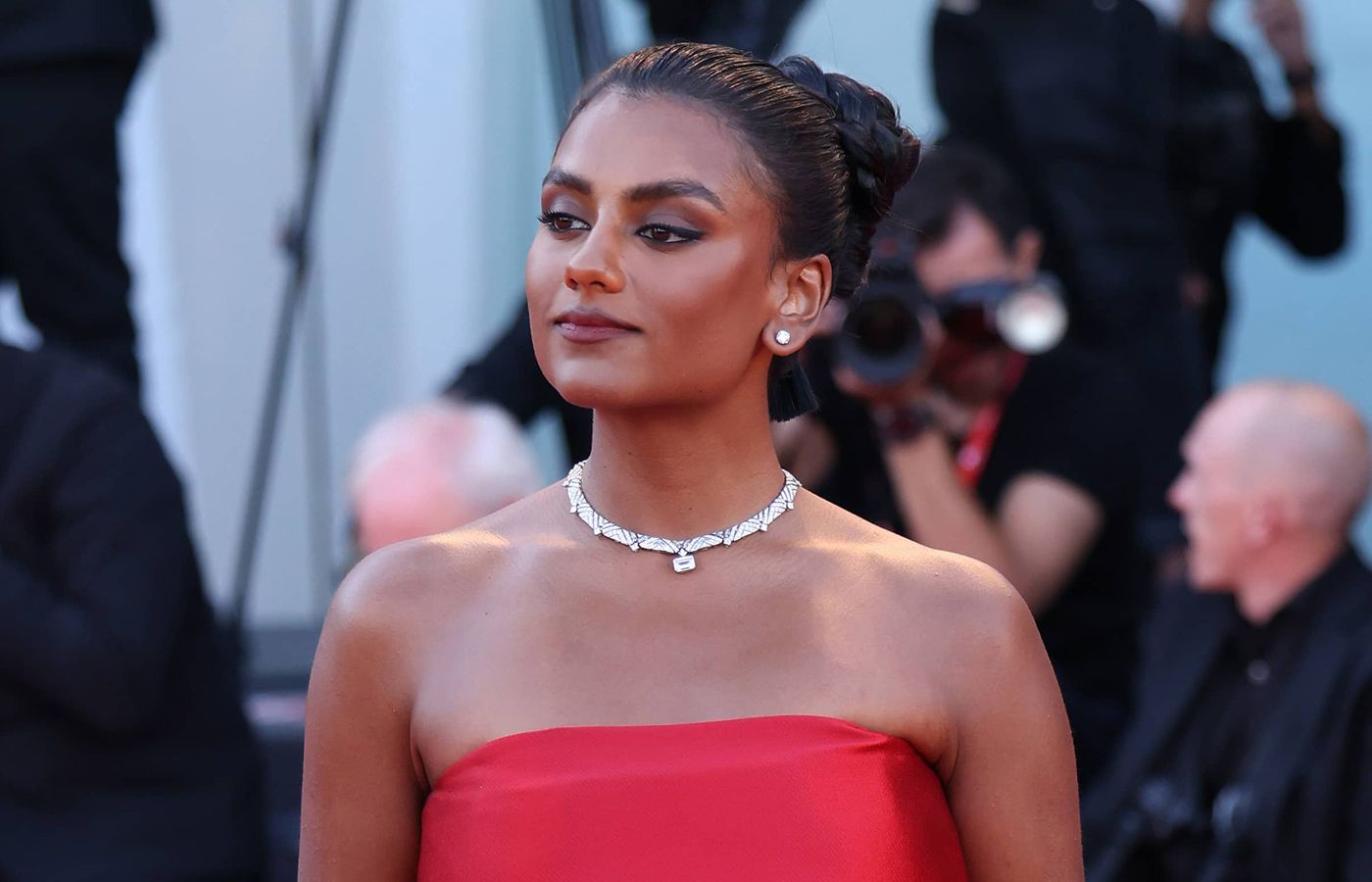 Actress Simone Ashley in a Bulgari choker necklace at the 2022 Venice International Film Festival 