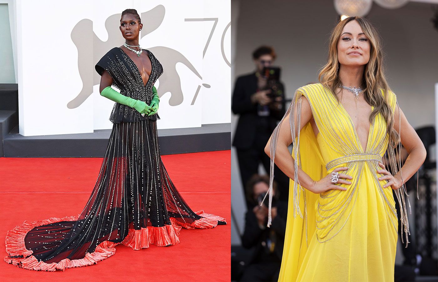 Actresses Jodie Turner-Smith and Olivia Wilde in Gucci High Jewellery at the 2022 Venice International Film Festival. Photo credit: Hollywoodlife.com and TalkingwithTami.com