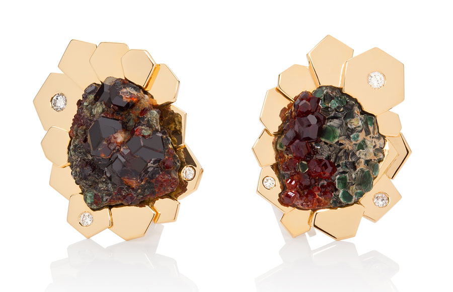 Gold earrings with diamonds and rough garnets, Les Exceptionnelles