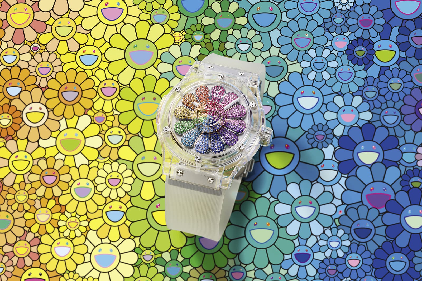Hublot Classic Fusion Takashi Murakami Sapphire Rainbow watch against a background of the Japanese artist's work
