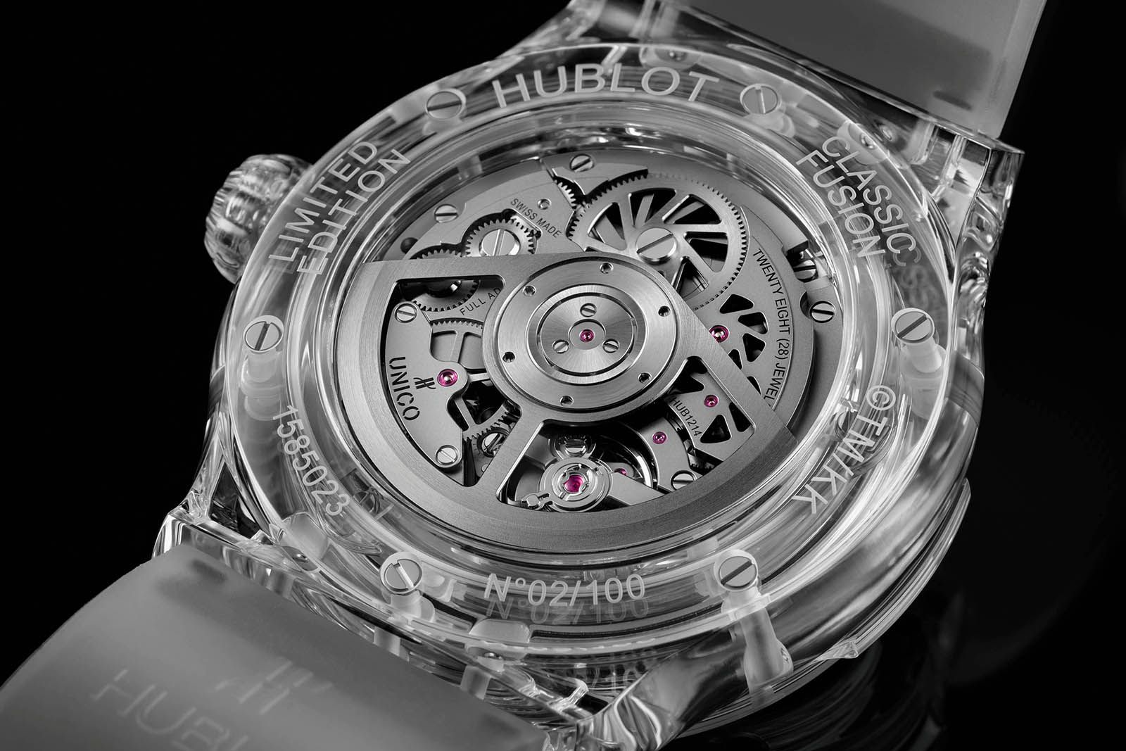 The case back of the Hublot Classic Fusion Takashi Murakami Sapphire Rainbow watch is made of polished and engraved sapphire crystal "LIMITED EDITION + TM/KK"