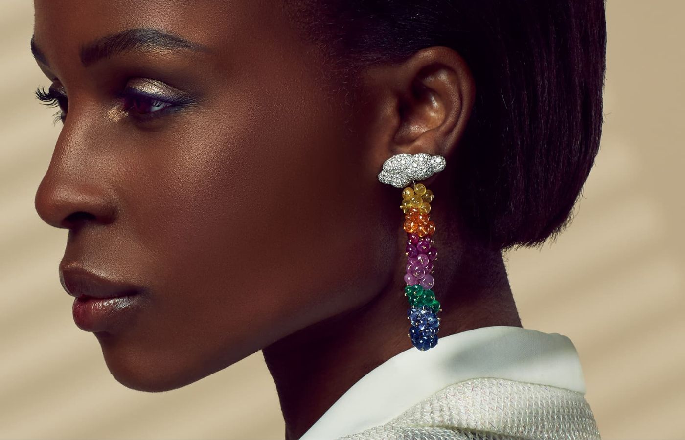 Model wearing K&Co Iridiana earrings