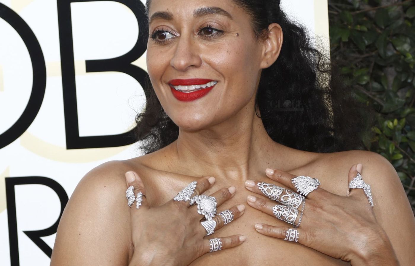  Actress Tracee Ellis Ross at the 2017 Golden Globe Awards wearing an excess of rings, some designed by Yeprem