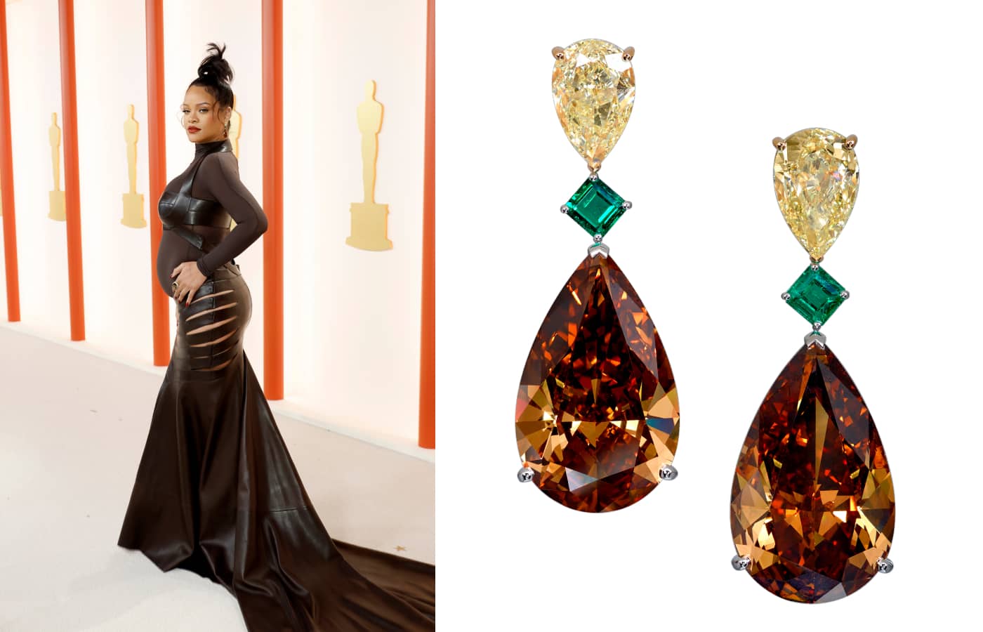 Rihanna at the Oscars 2023 wearing Moussaieff High Jewellery earrings with pear-shaped brown diamonds, yellow diamonds and emeralds