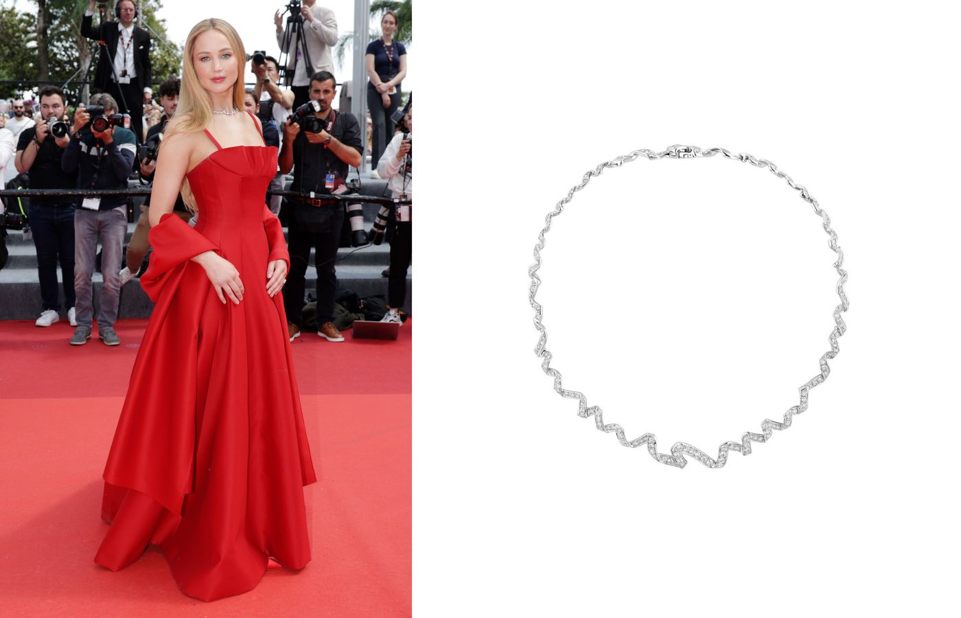 Jennifer Lawrence wearing a Dior Joaillerie High Jewellery diamond necklace