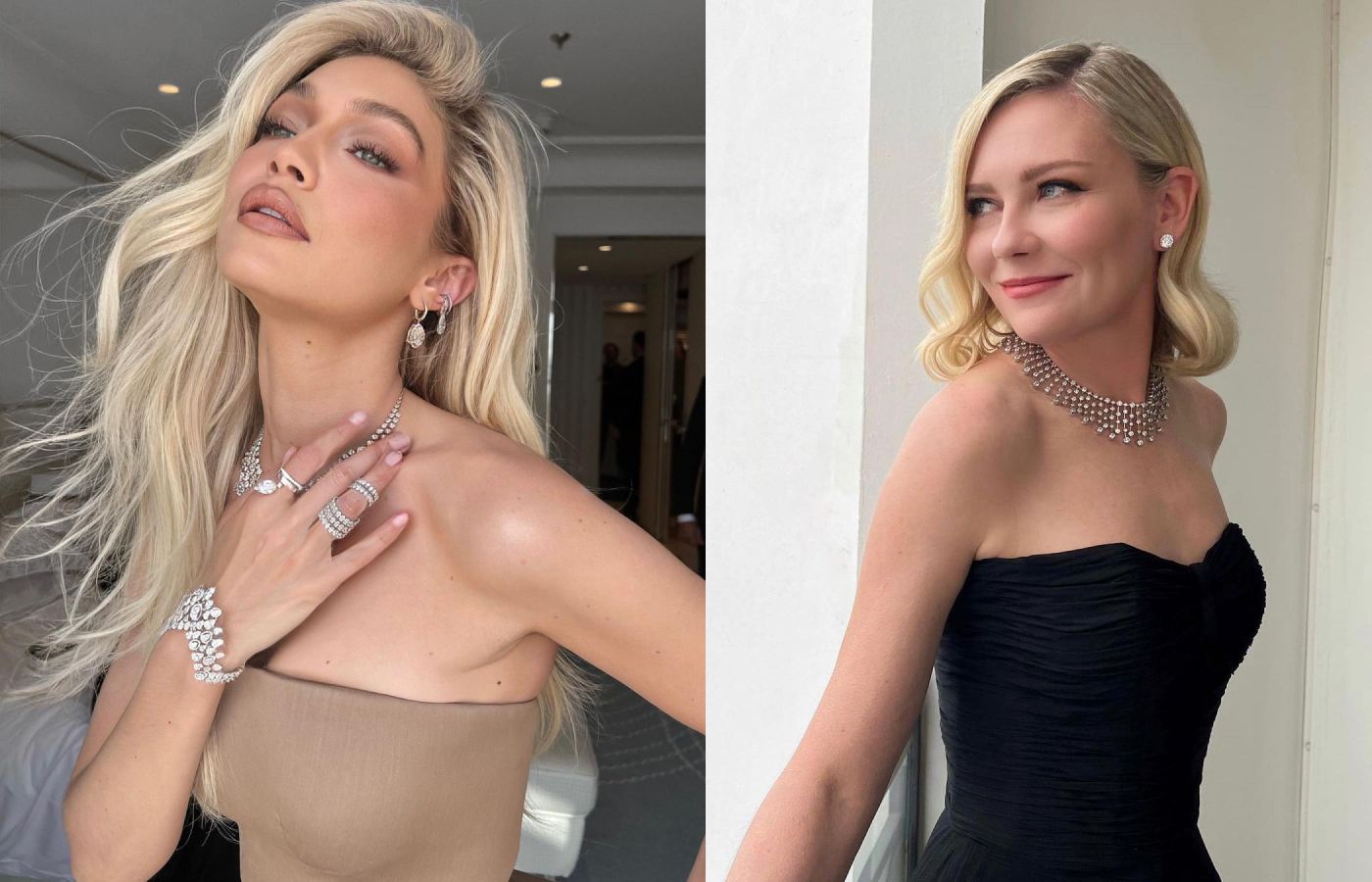 Gigi Hadid wearing Roaring Diamonds High Jewellery necklace by Messika and Kirsten Dunst in a Cartier diamond High Jewellery necklace