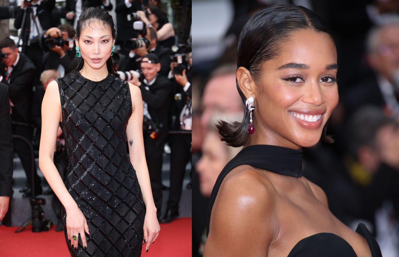 Soo Joo Park wearing emerald earrings by Chopard and Laura Harrier wearing Bulgari Serpenti black enamel, diamond and ruby drop earrings