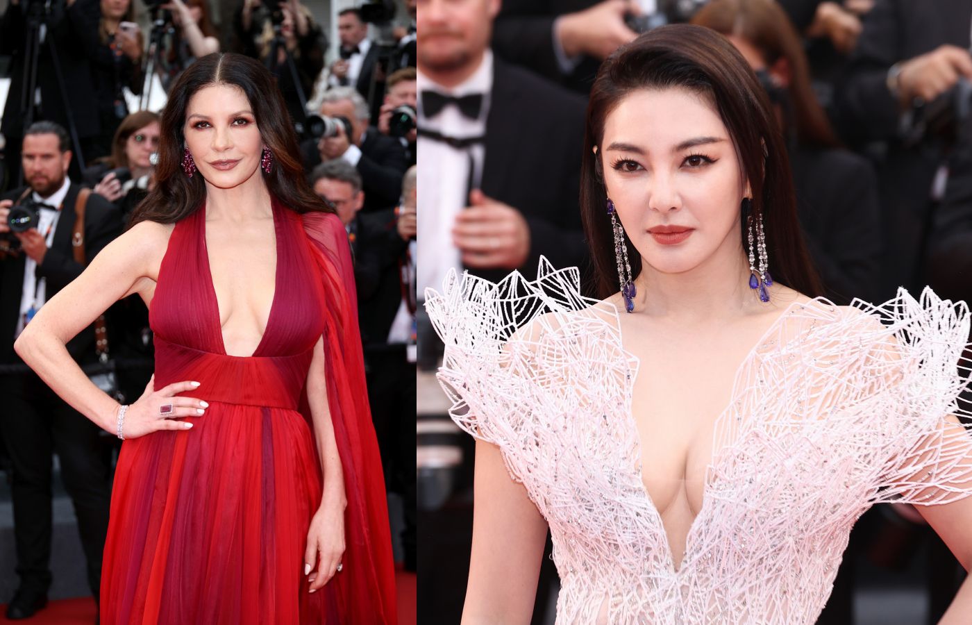 Catherina Zeta-Jones wearing ruby and diamond earrings and Zhang Yuqi in sapphires and diamond earrings both by Chopard