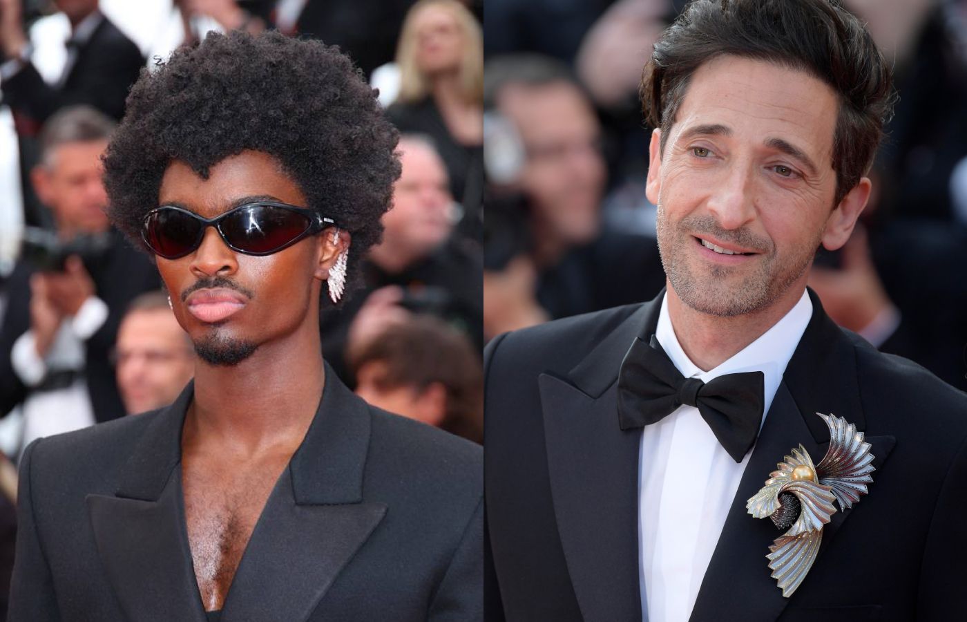 Alton Mason wearing a Messika High Jewellery ear cuff and Adrien Brody wearing a brooch by Elsa Jin