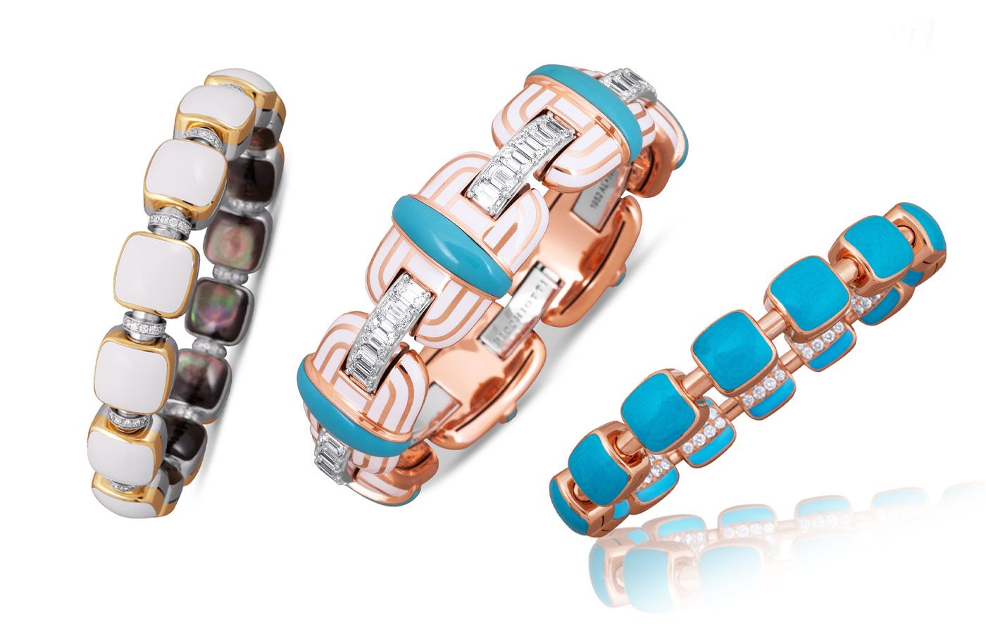 Picchiotti Xpandable bracelets in rose gold, white gold, diamonds, turquoise, ceramic and mother-of-pearl