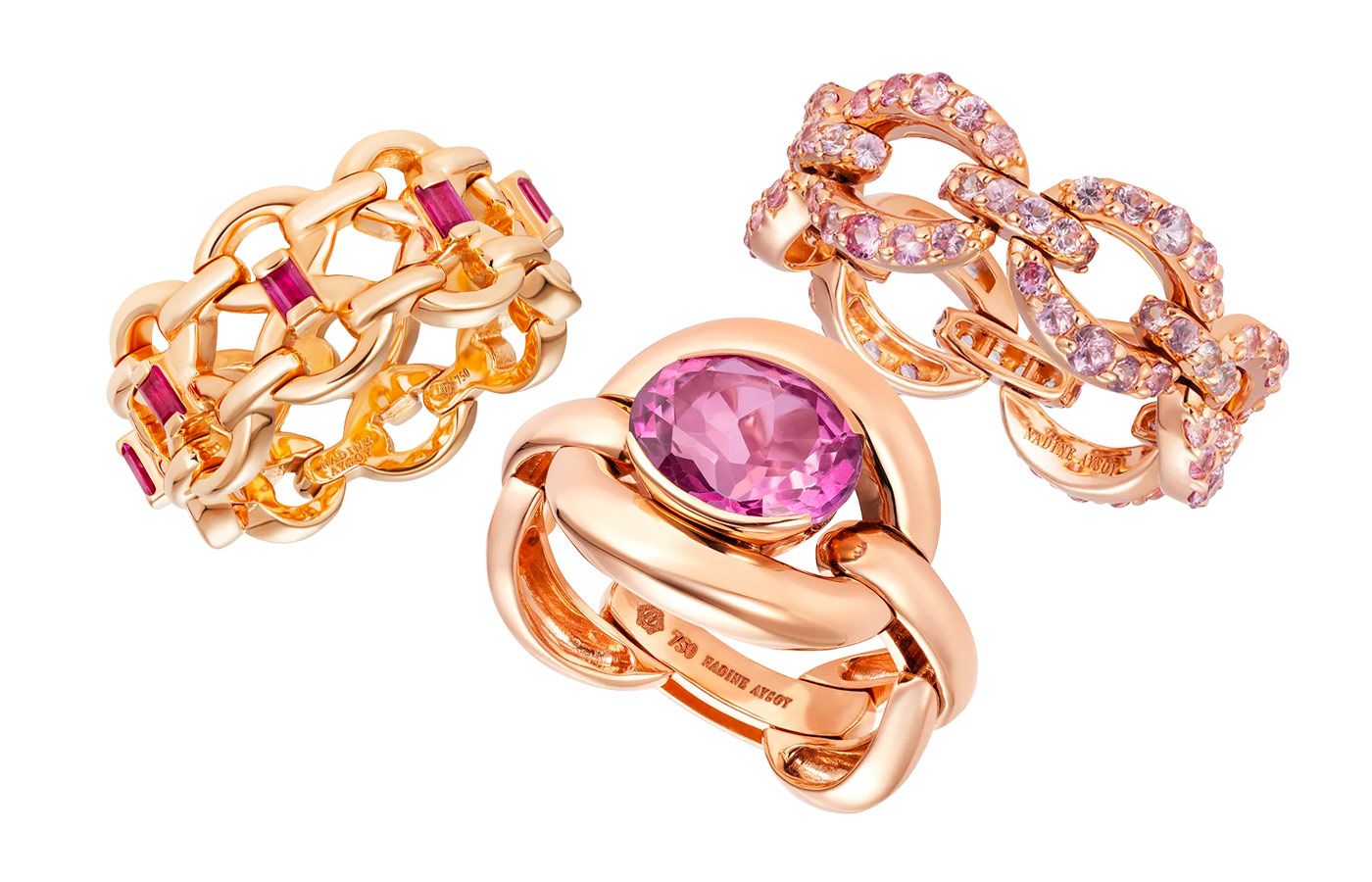 Nadine Aysoy Catena collection rings in rose gold, diamonds, pink topaz and pink sapphires