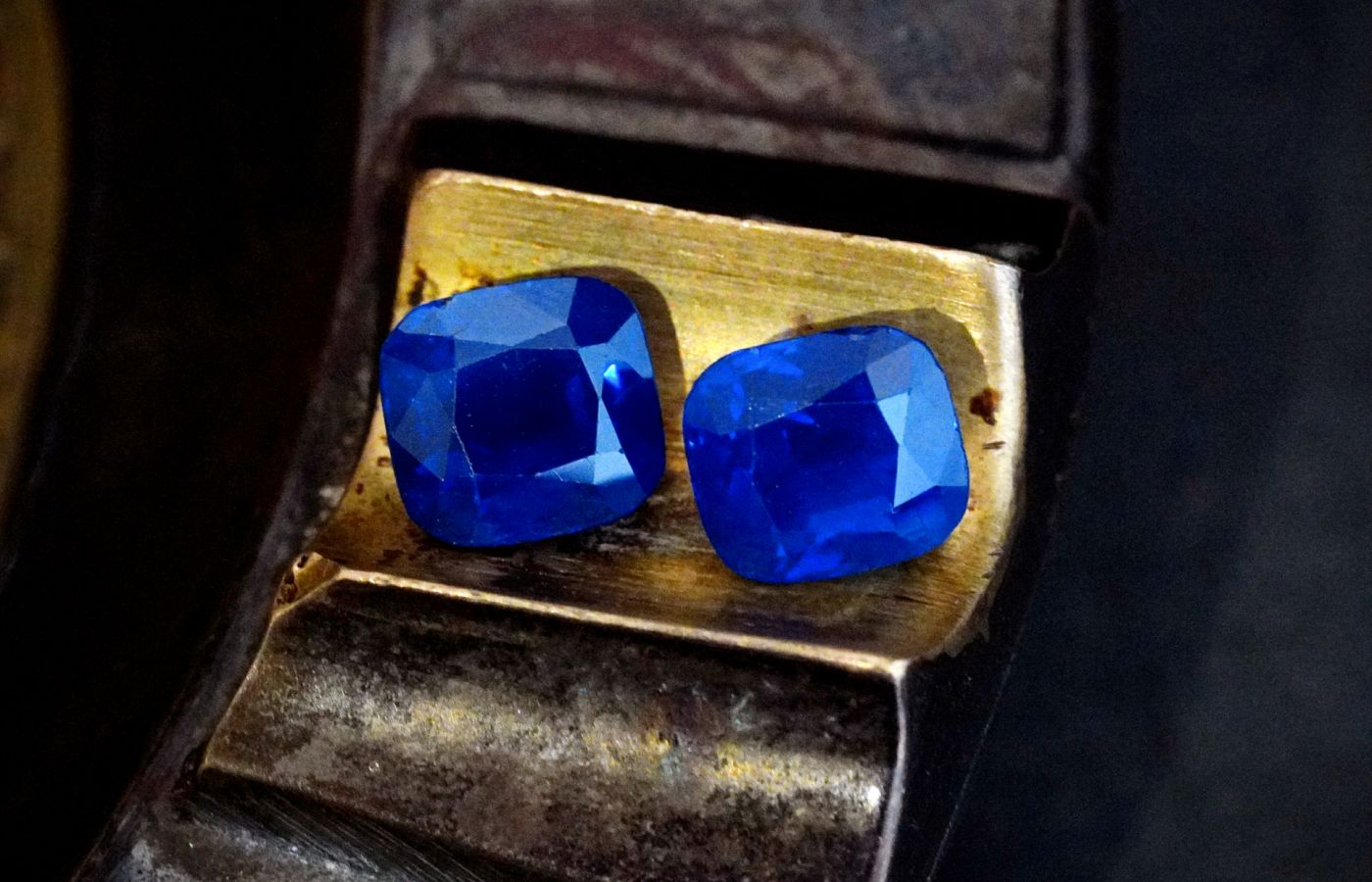   A pair of antique cushion-cut Kashmir sapphires with a total weight of 10.23 carats, available at the Jogani Gallery