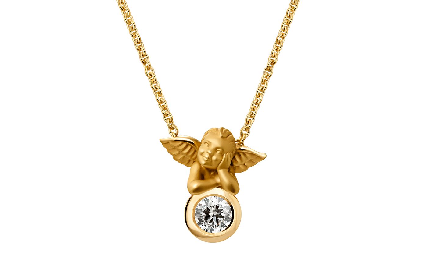 Carrera y Carrera round brilliant-cut diamond solitaire pendant with a perched cupid-style cherub in 18k yellow gold from the My Angel collection