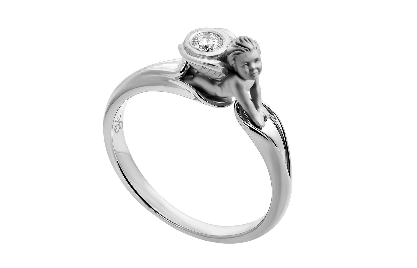 Carrera y Carrera round brilliant-cut diamond solitaire ring with an 18k white gold cherub setting from the My Angel collection