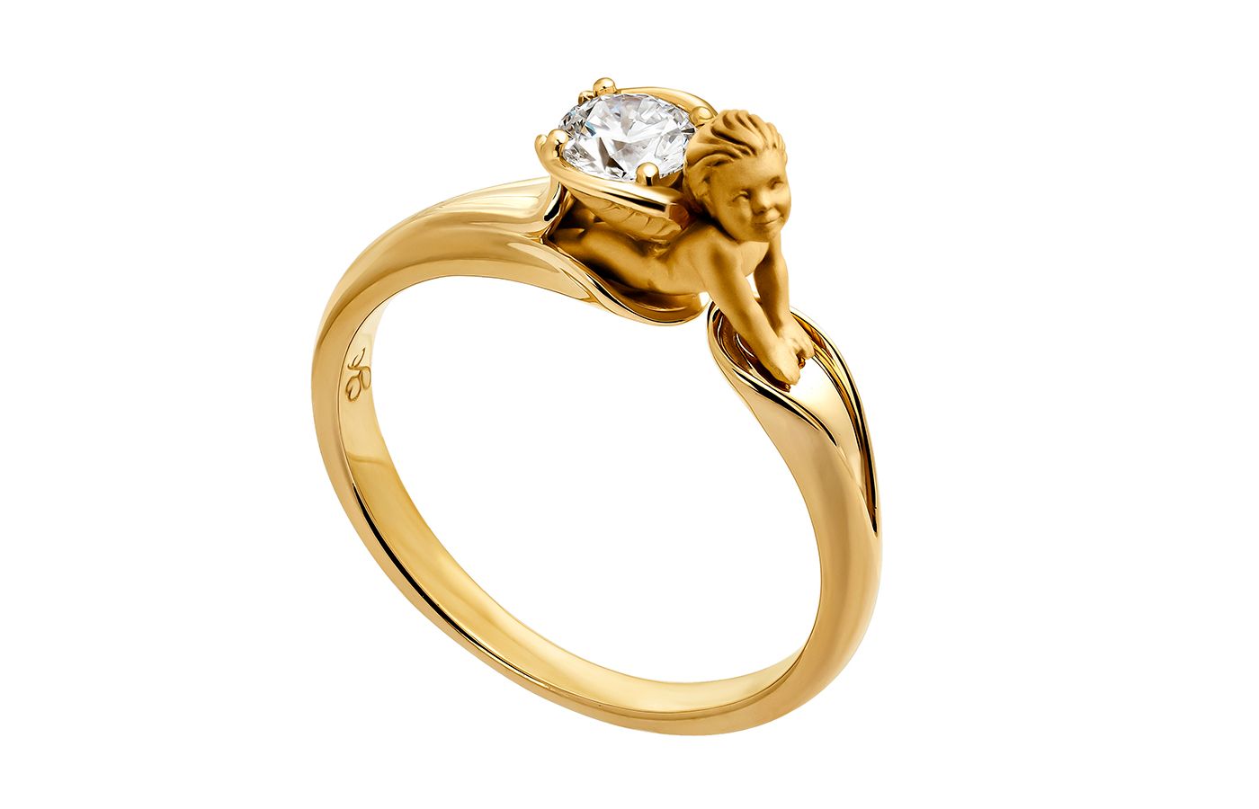 Carrera y Carrera round brilliant-cut diamond solitaire ring with an 18k yellow gold cherub setting from the My Angel collection