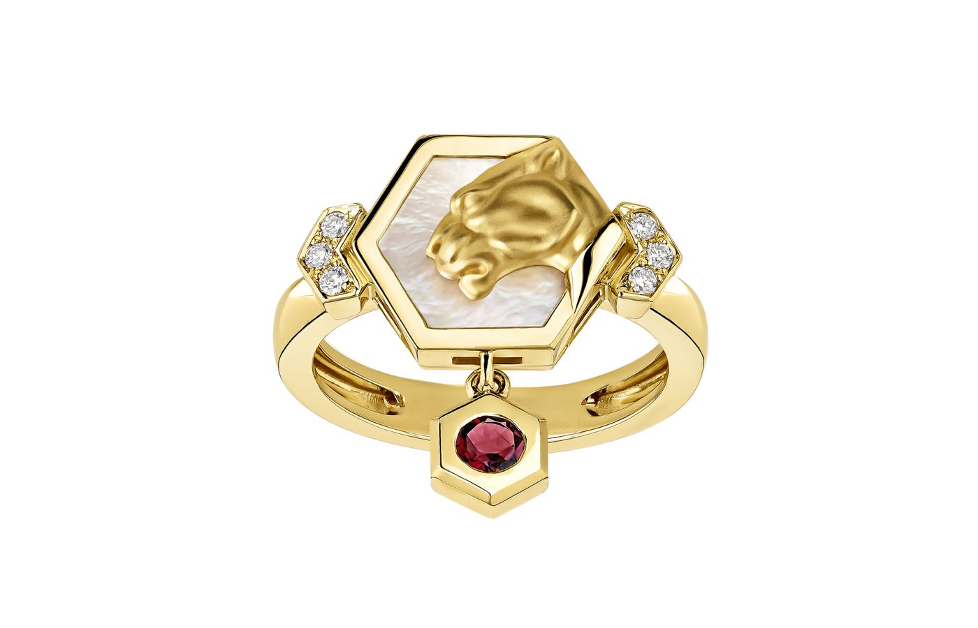 Carrera y Carrera Mini Hexagon ring from the Origen collection with diamonds, mother of pearl, and a rubellite drop in 18k yellow gold